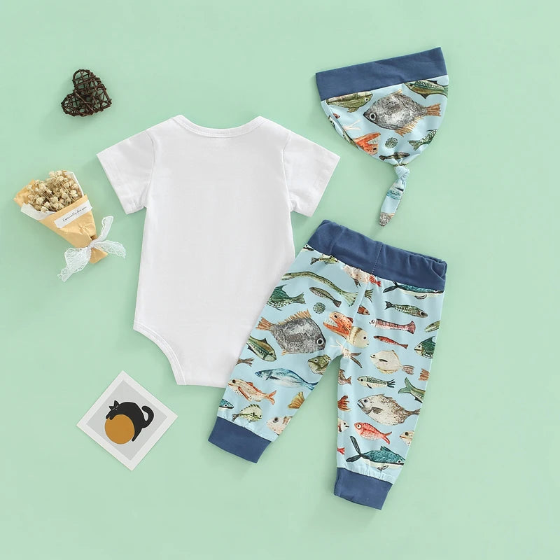 Newborn Three-Piece Outfits, Letter Print Short Sleeve Romper + Colorful Fishes Patchwork Drawstring Trousers + Knotted Hat