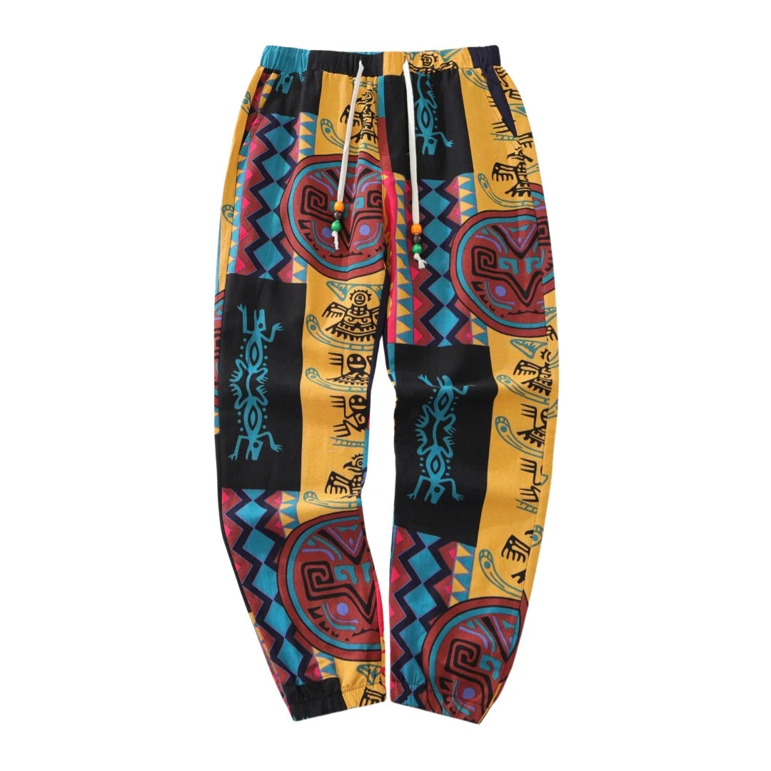 Mens Boho Tribal Print Stretch Linen Pants With Cotton Blend Drawstring LightWeight with Pockets Summer Jogger Pants