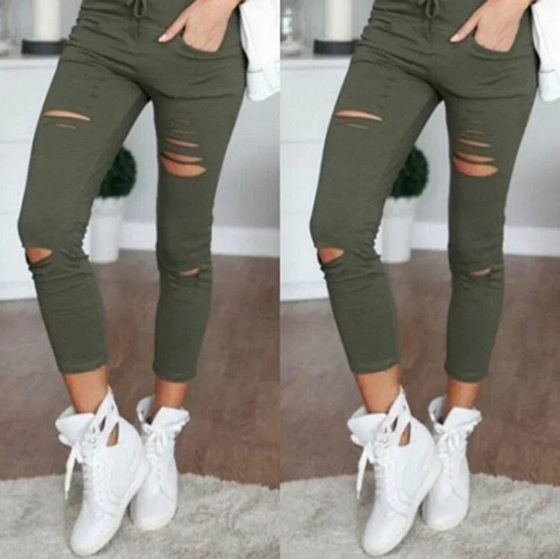 Women's plus Size Ripped Stretch Jeans Pencil Pants Casual Mid-Waist Ankle-Length Trousers
