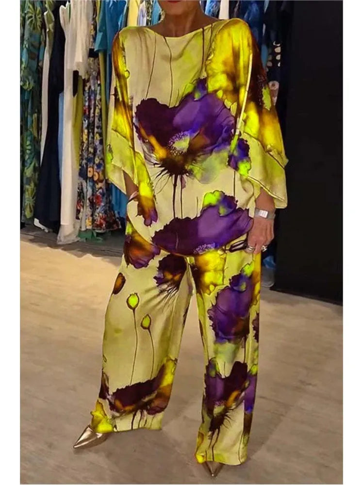 Sexy Summer Fashion Printed Satin Two Piece Set for Women with 3/4 Sleeved Top and Wide Leg Long Pants Casual Style