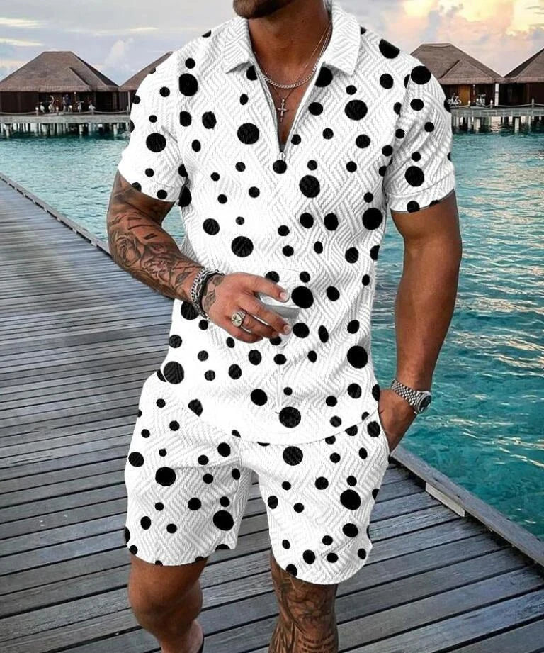 Men's black polka dot lounge set with zip collar, worn on tropical dock, ideal for cozy resort relaxation