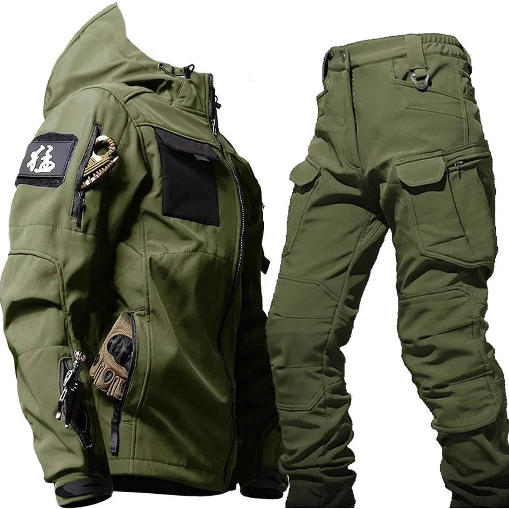Winter Outdoor Waterproof Suits Men Tactical Windproof Hooded Jacket Fleece Warm Pants Multi-pocket  Thermal Sets Autumn