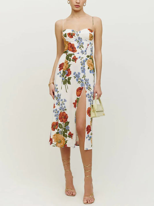Summer Dresses For Women Spaghetti Strap Sundress Vintage Floral Print Elegant Wedding Guest Party Midi Dress With Slit