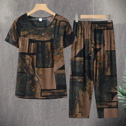 Two Piece Suit T-shirt Pants Set O Neck Colorful Flower Print Night Clothes Sleeping
