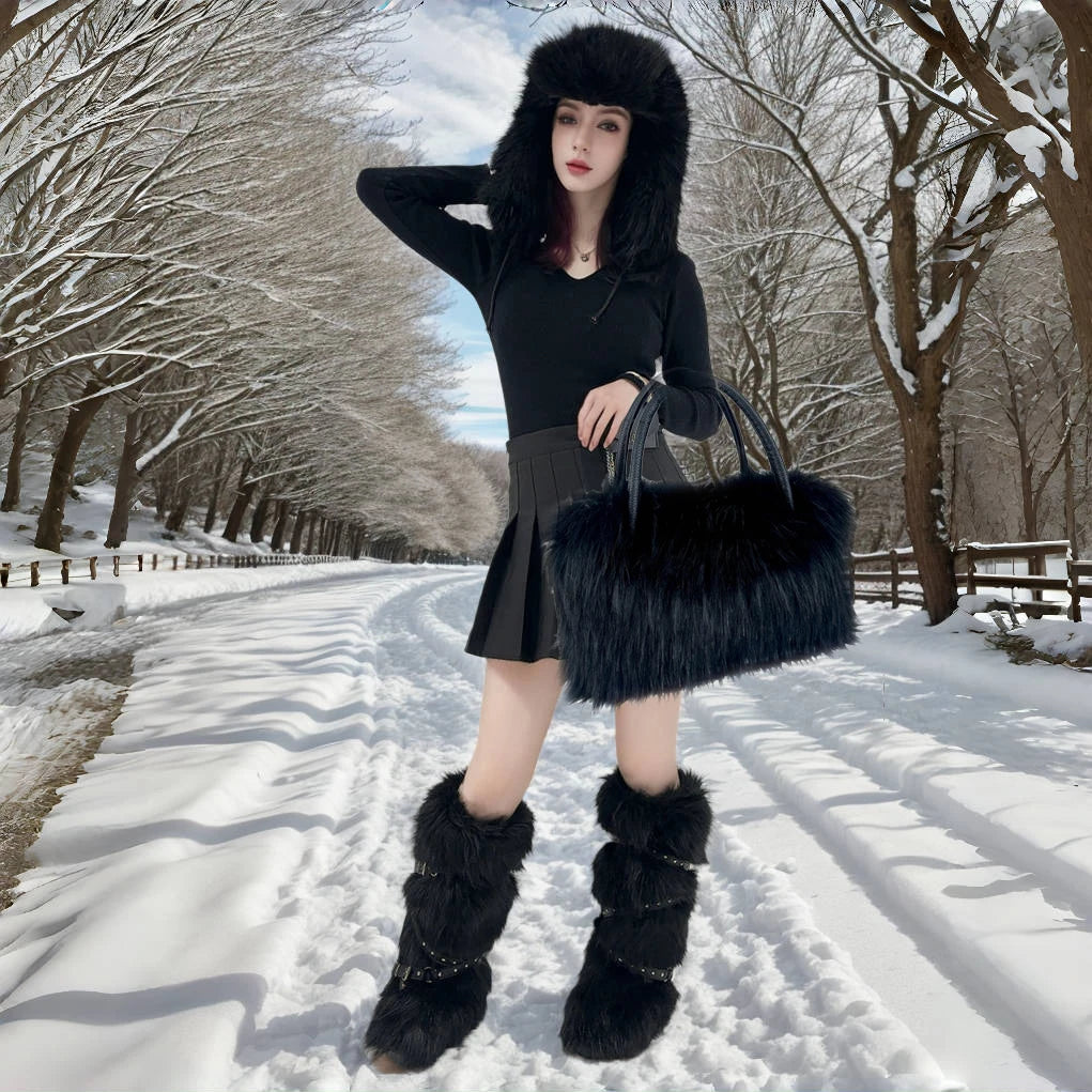 Women's Luxury Velvet Warm Fur Snow Boots Mid-Calf Imitation Raccoon Hair Handbag Two-Piece Set Fashionable Faux Fur Booties