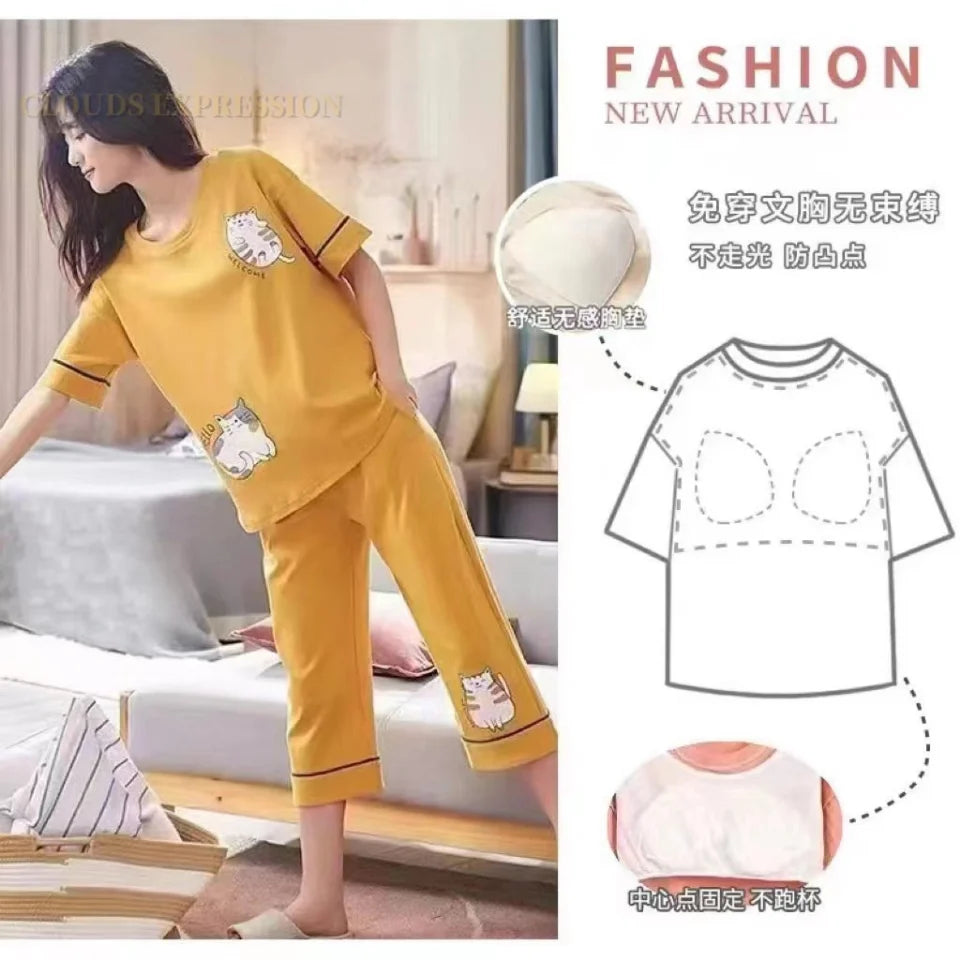 Yellow cat-print pajama set with built-in bra, cozy loungewear for women