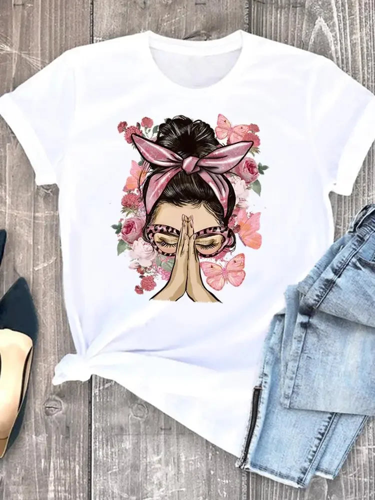 Flower Letter Trend 90s Cute Casual Clothes Female T-shirts Short Sleeve Fashion Women Print T Clothing Ladies Graphic Tee