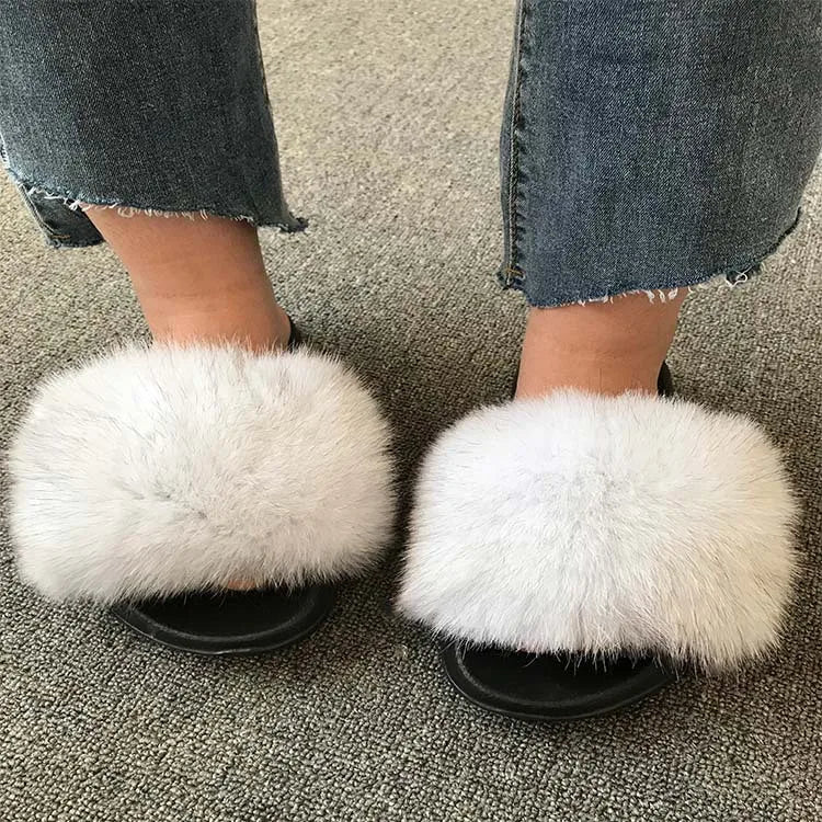 Hot Sale Summer Women Fox Fur Slippers Furry Slippers Designer Fur Slides Girls Black Fur Slides Gorgeous Big Fur Slides Sandal