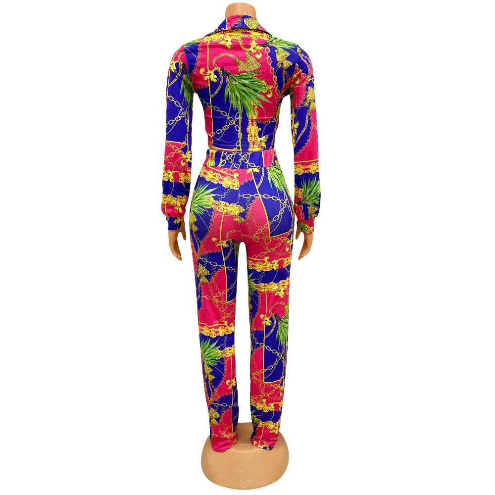 CM.YAYA Women's Paisley Chain 2 Piece Set Streetwear Outfits Tie up Shirt & Wide Leg Pants Luxury Junior Fit Autumn/Winter