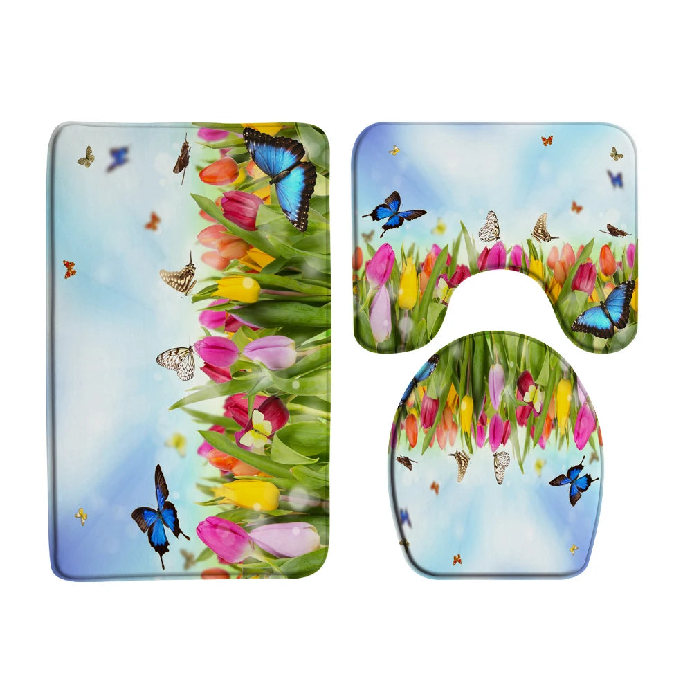 Butterfly Rose Flower Printed Waterproof Bathroom Shower Curtain Set Non-Slip Bath Mat Rug Sets Toilet Cover Bathroom Decor