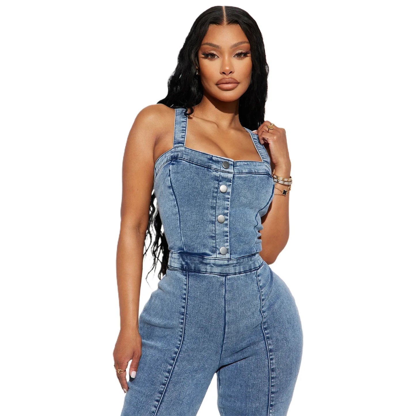 Women Sexy One Piece Sleeveless Tight High Waist Suspenders Overalls Slim Denim Jumpsuits Flared Long Pants Rompers