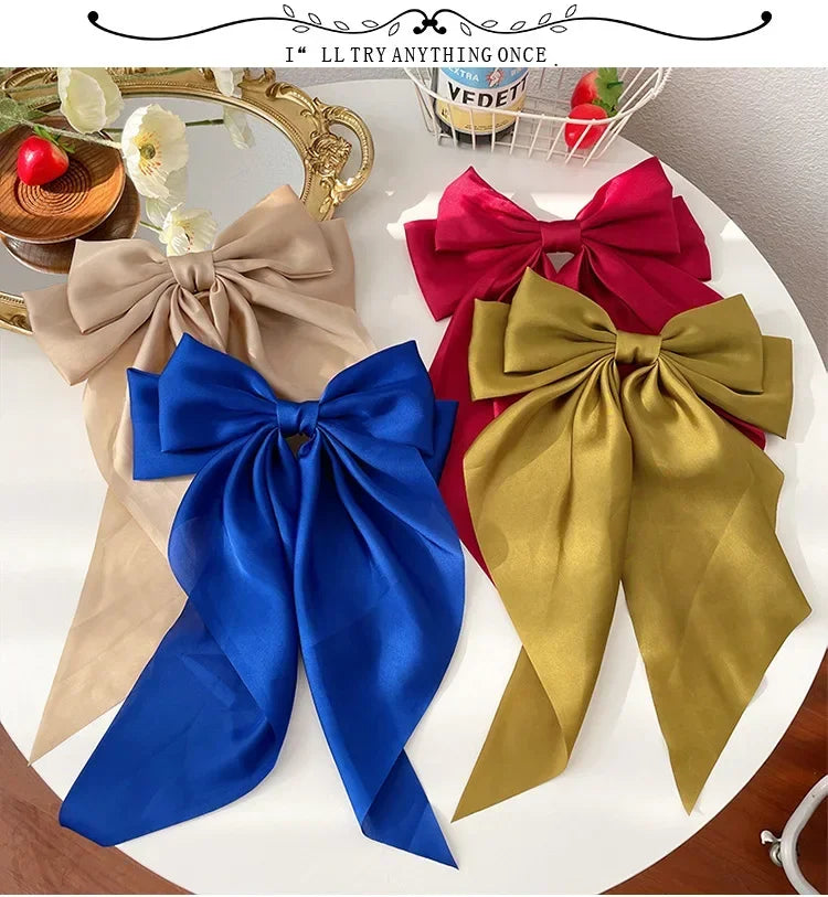 Solid Color Satin Ribbon Big Bows Hairpin Spring Clips Hair Accessories for Women Girls Trendy Korean Summer Headwear 2024
