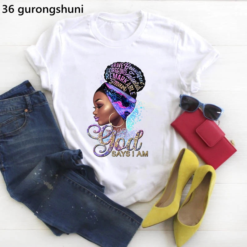 I Am Melanin Queen Graphic Tees Women Afro American Black Girl Magic T-Shirt Black Lives Matter Shirt Dope Educated Blm T Shirt