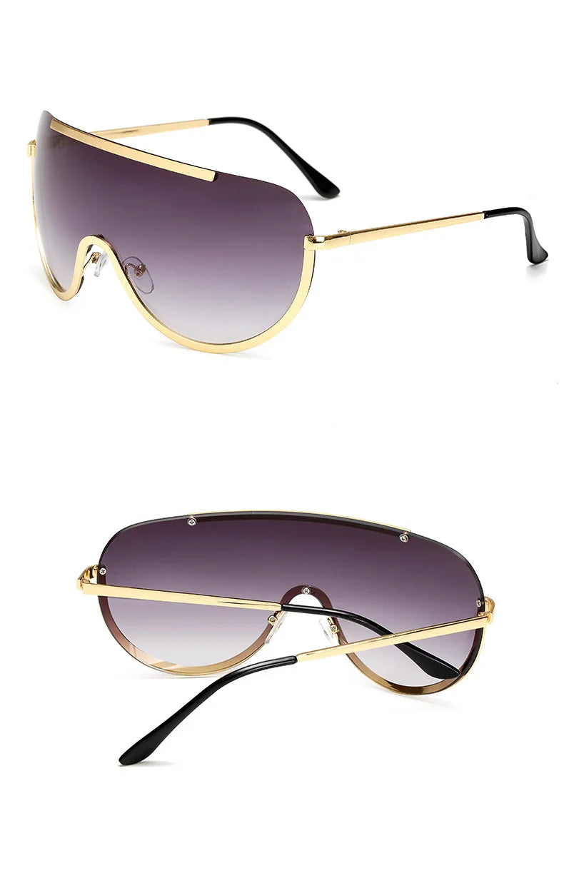 Oversized Punk Sunglasses for Women Metal Semi-Rimless Big Shades with Shield Lens Gradient Photochromic UV400 Fashion Eyewear