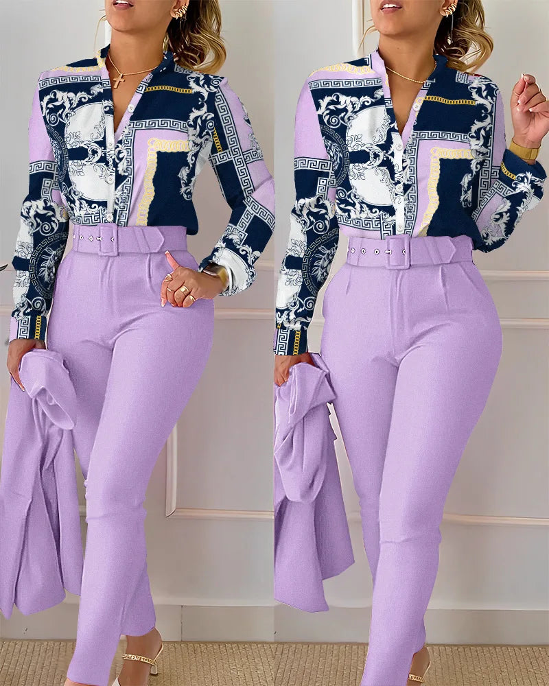 Elegant shirt and pants two piece sets women spring/ autumn fashion long sleeve shirts high waist pant casual suits