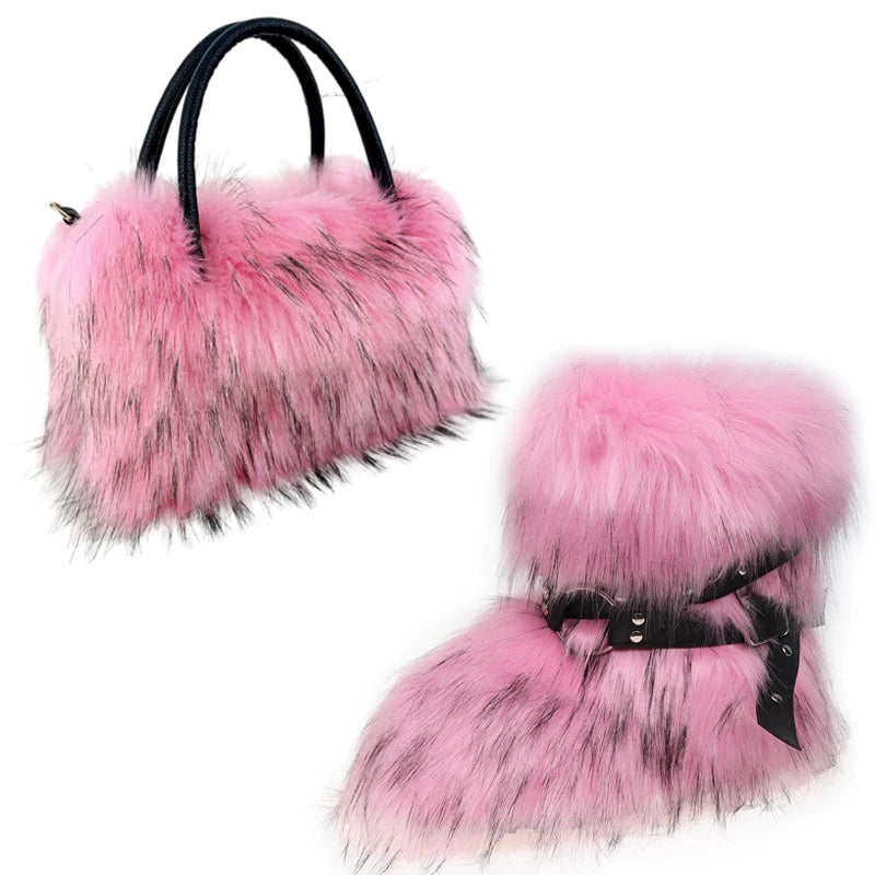 Women's Luxury Velvet Warm Fur Snow Boots Mid-Calf Imitation Raccoon Hair Handbag Two-Piece Set Fashionable Faux Fur Booties