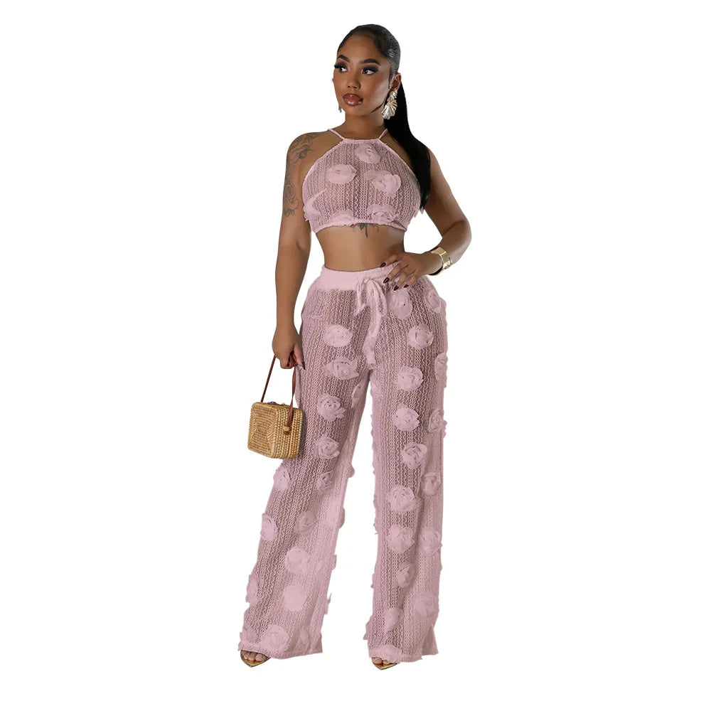 Sexy Crop Mesh Tops Two Piece Pant Set Outfits Matching Sets 2024 Women Y2K Streetwear Elegant Flower 2 Piece Summer Set