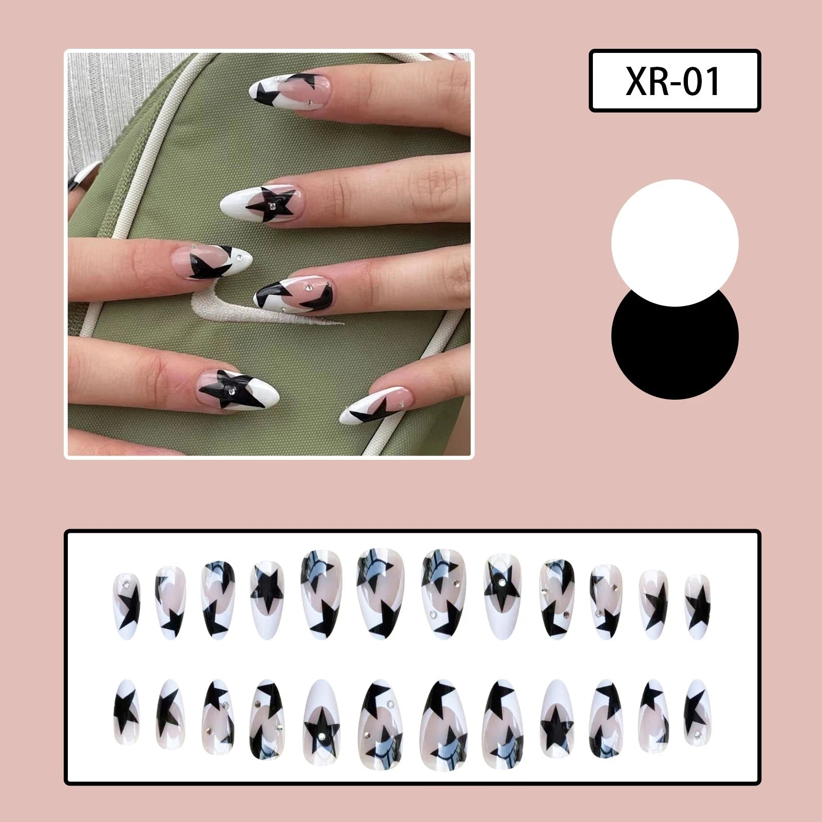 Concierge Tiers: black and white star design press-on nails set, modern manicure styles shown