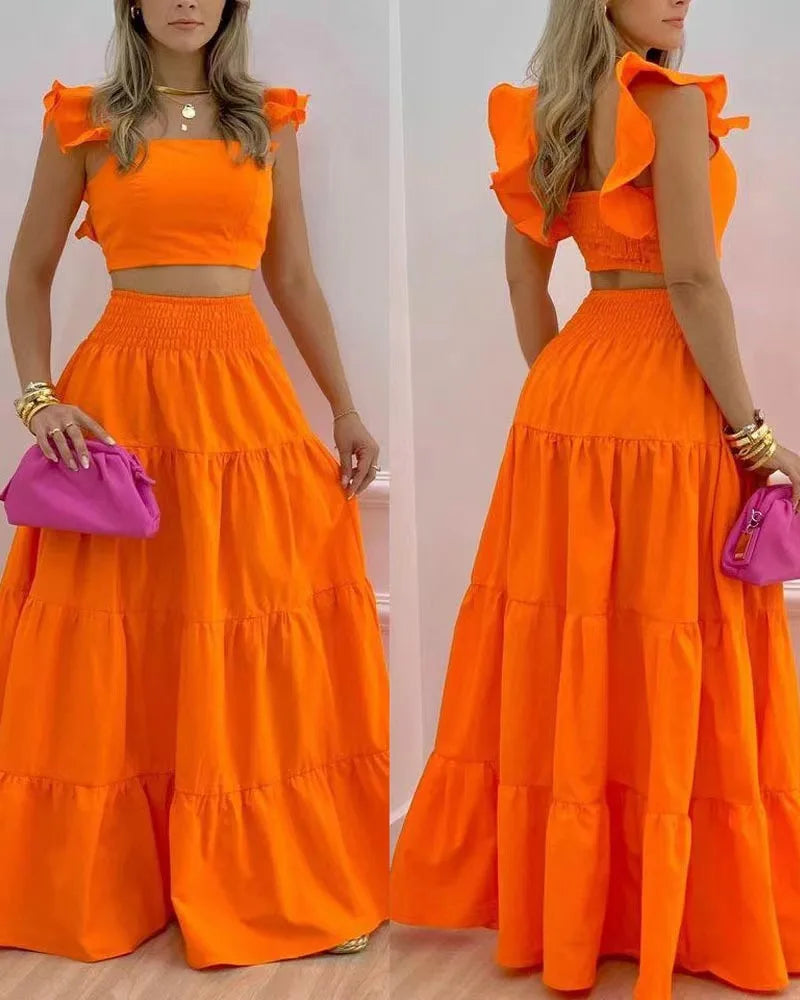New Sexy Solid Two Suit Dress Women's Fashion Casual Loose Top Maxi Dress 2 Piece Set Female Elegant Holiday Sets 2024 Summer