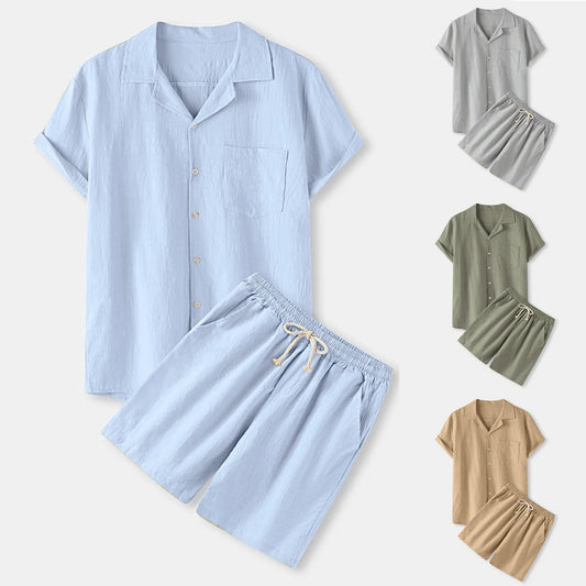 Men's Cotton Turn-down Collar Top Shorts Pant Suite Solid Color Casual Daily Fashion Loungewear Comfortable Men's Clothing