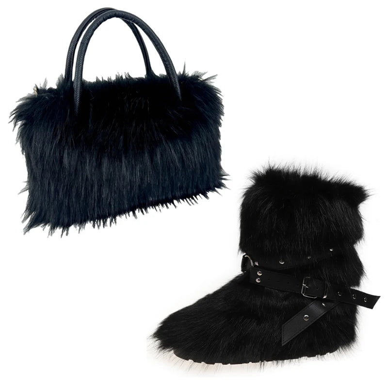Women's Luxury Velvet Warm Fur Snow Boots Mid-Calf Imitation Raccoon Hair Handbag Two-Piece Set Fashionable Faux Fur Booties