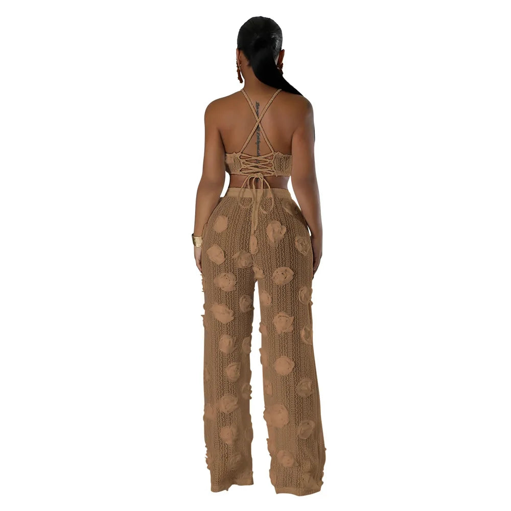 Sexy Crop Mesh Tops Two Piece Pant Set Outfits Matching Sets 2024 Women Y2K Streetwear Elegant Flower 2 Piece Summer Set