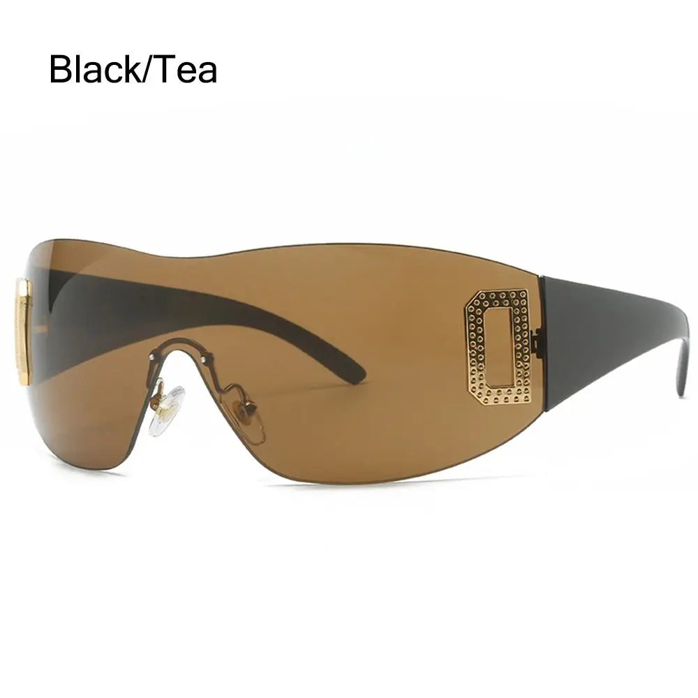 Black/tea oversized sunglasses with gold stud detail, stylish shield design