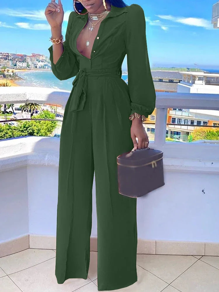 New Fashion Casual Jumpsuit for Women Spring Summer Solid Color Lace Up Shirt Collar Two-Piece Suit Jumpsuits Office
