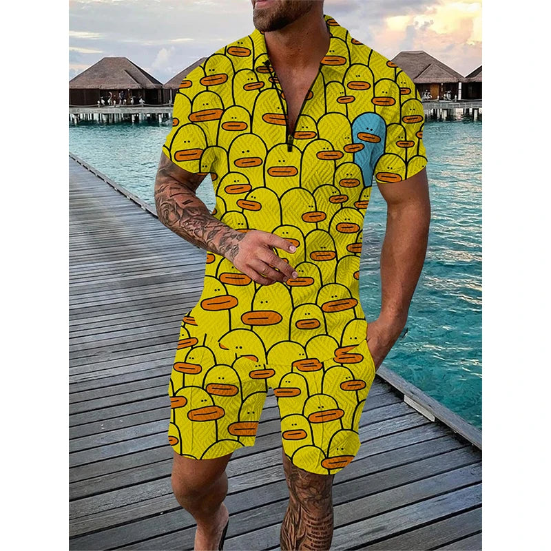 Man wearing yellow romper with cartoon duck print, standing on boardwalk by water villas