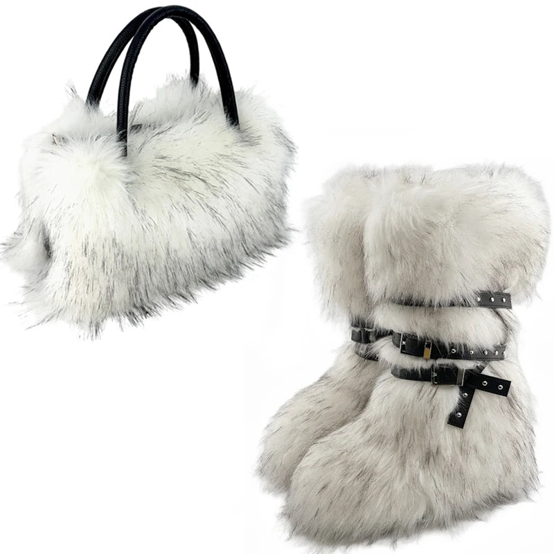Women's Luxury Velvet Warm Fur Snow Boots Mid-Calf Imitation Raccoon Hair Handbag Two-Piece Set Fashionable Faux Fur Booties