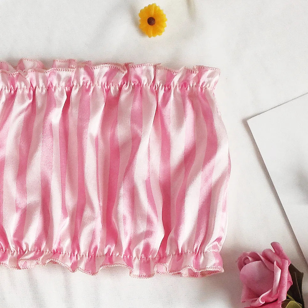 Satin Silk Pajamas Set Women Sexy Sleepwear Summer Hot Sleeveless Pijamas Faux Silk Homewear Pink Striped Nightwear Lingerie Bra