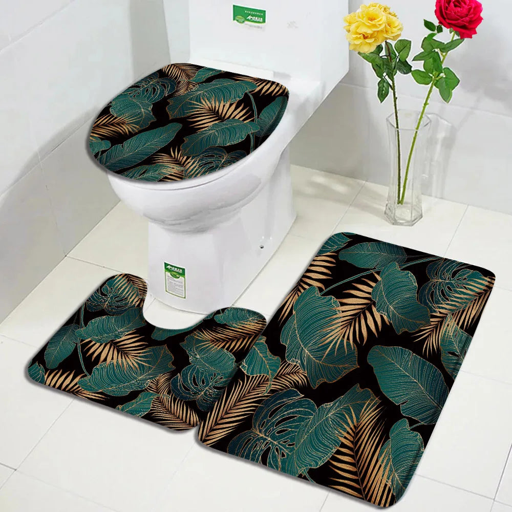 Tropical leaf print bathroom rug set with toilet lid cover, non-slip bath mats for cozy home decor