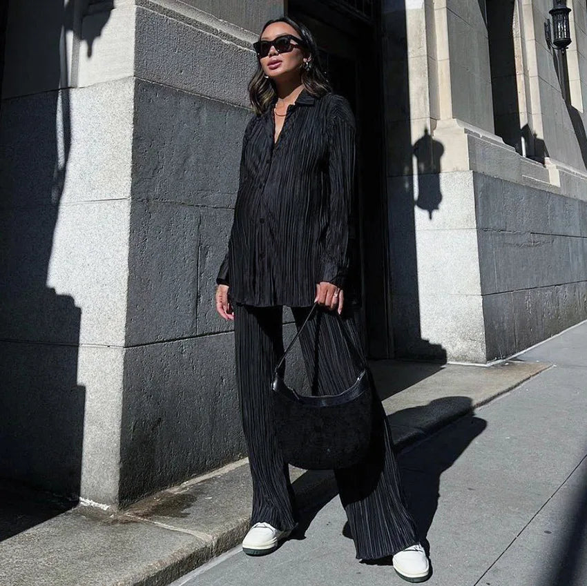 New Spring And Autumn Suit Women's Pleated Lapel Shirt Loose Casual Suit Solid Color Drape Pleated Casual Suit