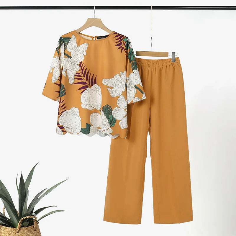 ZANZEA 2PCS Fashion Short Sleeve Floral Blouse Pant Sets Women Office Work Suit Summer Tracksuits Elegant Matching Sets Oversize