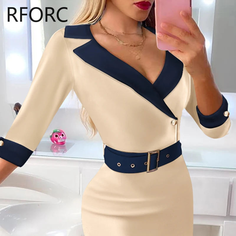 Women Floral Print with Belts Notched Collar Half Long Sleeves Midi Bodycon Formal Party Dress