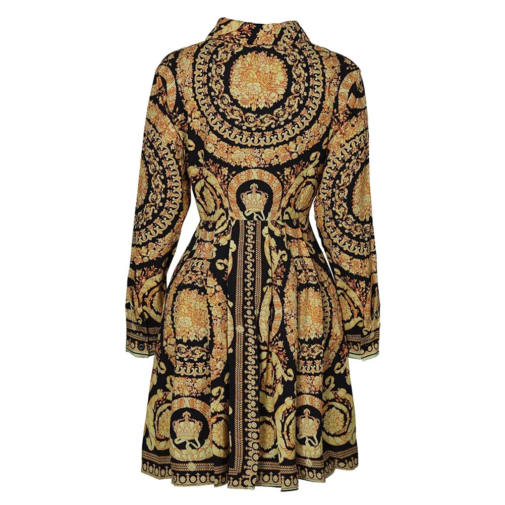 Women Autumn Clothes Floral Vintage Lapel Long-Sleeves Form-Fitting Skirt with Button Open for Ladies
