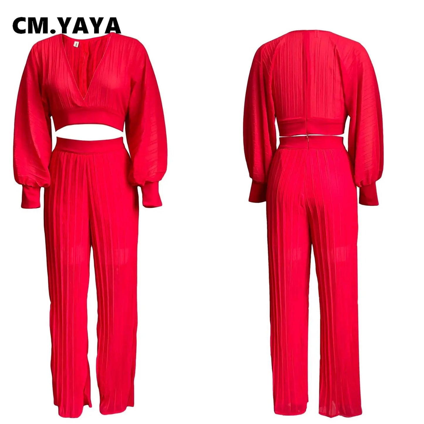 CM.YAYA Pleated Women Tracksuit Solid See-through Pleated Batwing Crop Tops and Wide Leg Pants Two 2 Piece Set Fashion Outfit