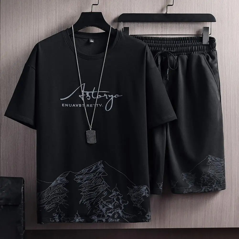 2 Piece Set For Men  Shorts Set Drawstring Pockets Casual Outfit Mountain Print Loose T-shirt Loose Shorts Sport Suit Streetwear