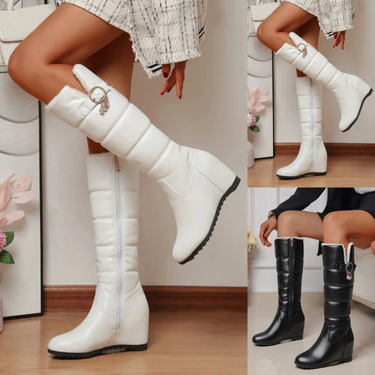 Boots Woman Booties 2025 Ladies Solid Leather Belt Buckle Cotton Boots H Wedge Heel Thick Soled Long Boot Shoes Women Big Boots