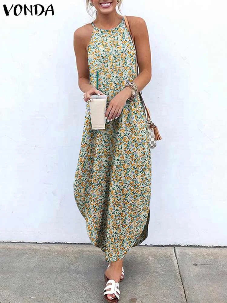 VONDA 2024 Summer Women Bohemian Dress Sexy Halter Asymmetrical Beach Dresses Sexy Sleeveless Robe Printed Long Maxi Sundress
