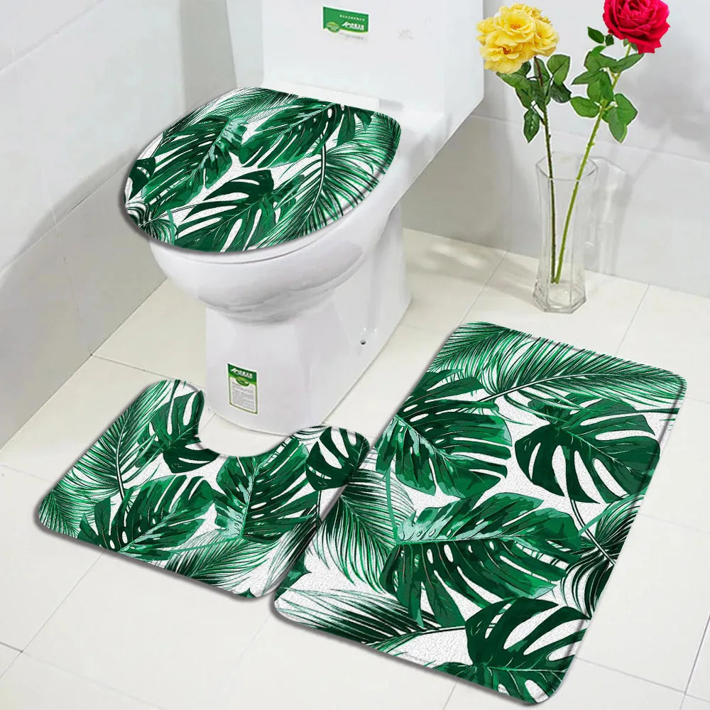 Tropical leaf print bathroom rug set with toilet lid cover, non-slip bath mats, cozy home decor