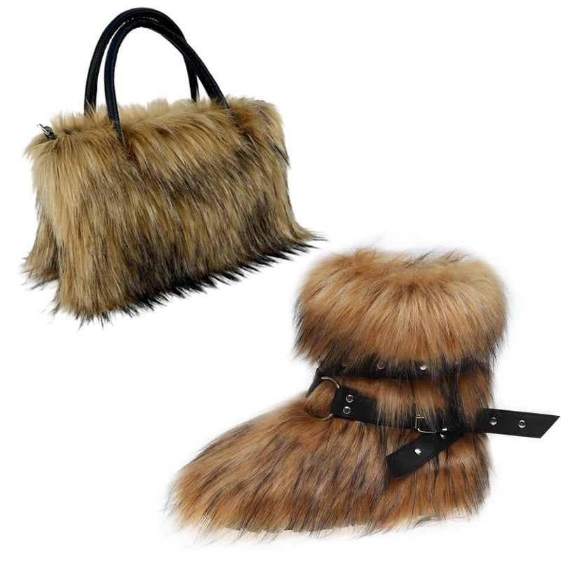 Women's Luxury Velvet Warm Fur Snow Boots Mid-Calf Imitation Raccoon Hair Handbag Two-Piece Set Fashionable Faux Fur Booties