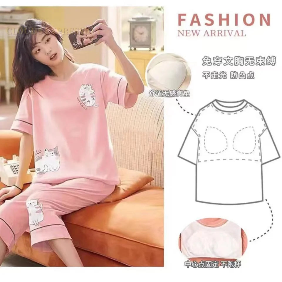 Pink cat-print pajama set with built-in bra, cozy loungewear for women, soft comfort style