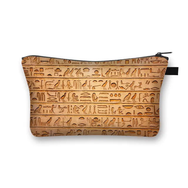Egyptian hieroglyphic print cosmetic bag, travel pouch with zipper, vintage style design