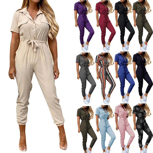 Women's Casual Lapel Lace-Up Printed Belt Short Sleeve Jumpsuit Summer Fashion Workwear Keep Short Eye Catching Junior Size