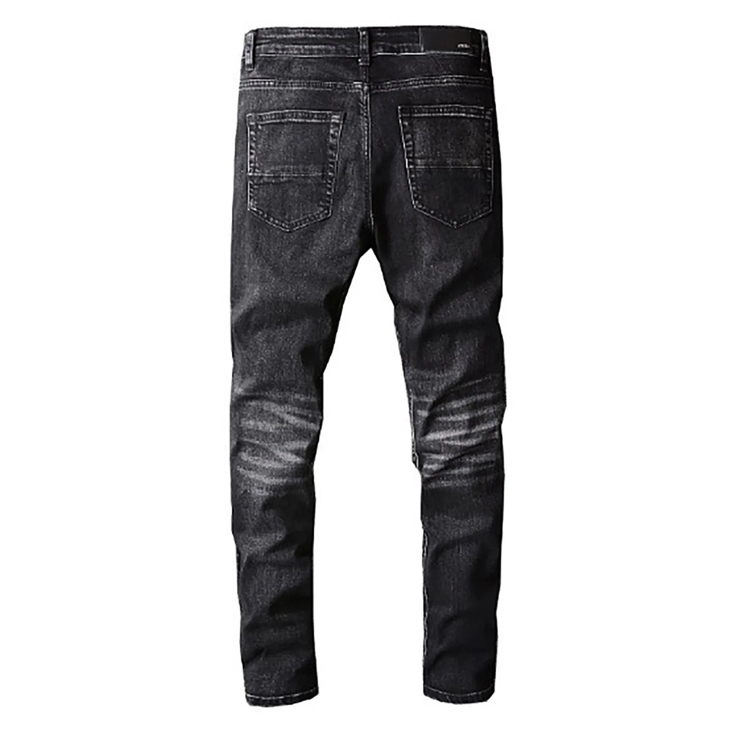 Men Biker Jeans Streetwear Paisley Bandana Print Patch Stretch Denim Pants Patchwork Holes Ripped Slim Straight Black Trousers