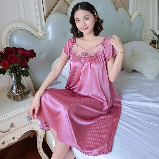 Oversize Female Satin Nightgown Ladies Nightdress Short Sleeve Night Dress Women Nighties Sleepwear Nightwear Loungewear Pajama