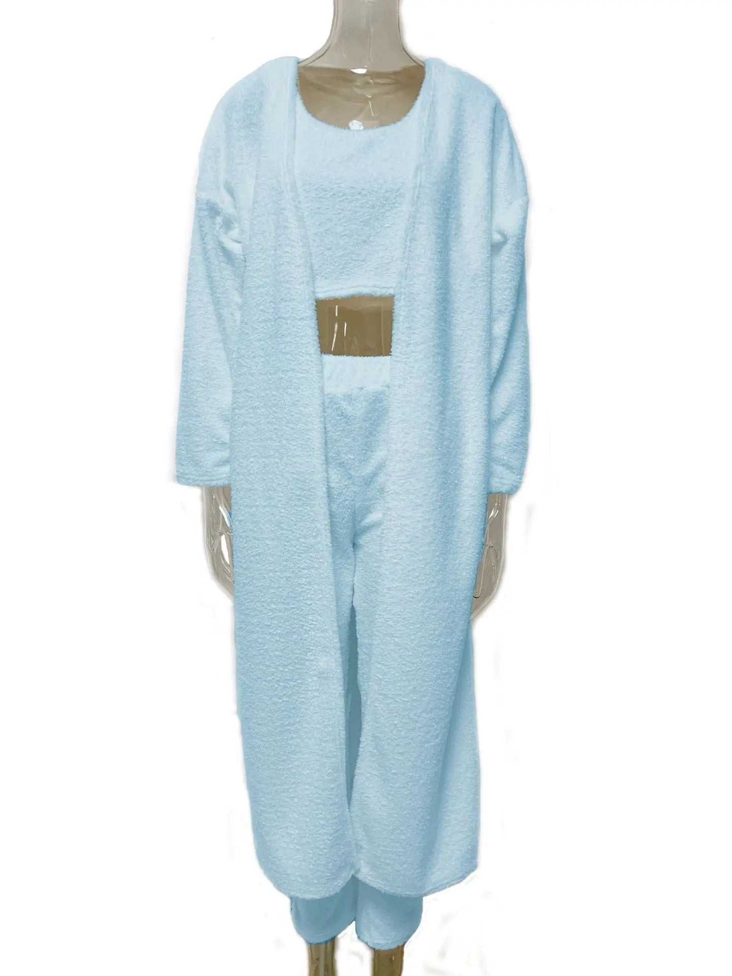 Women Knitted Plush Comfy Outfit Set Lounge Wear Plush Crop Top And Cardigan And Long Trousers Pants Pajamas 3 Piece Set