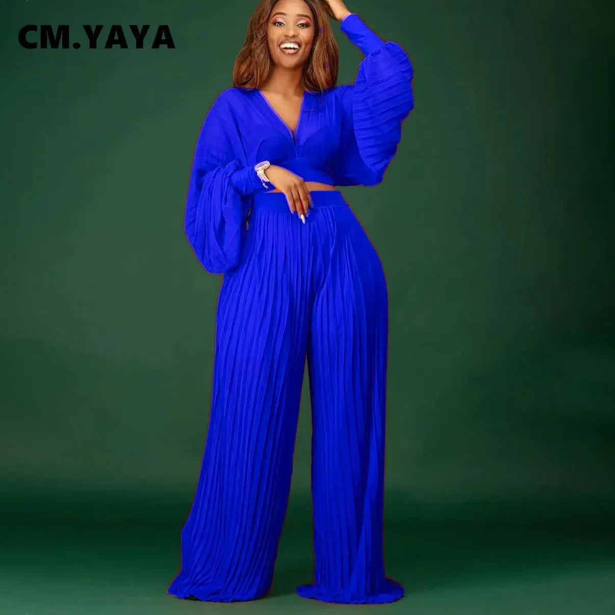 CM.YAYA Pleated Women Tracksuit Solid See-through Pleated Batwing Crop Tops and Wide Leg Pants Two 2 Piece Set Fashion Outfit