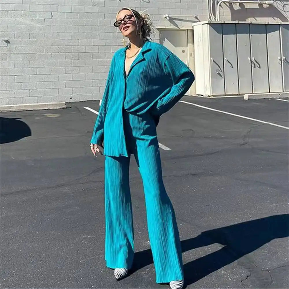 Women Pleated 2 Piece Pants Sets Spring Summer Streetwear Long Sleeve Button Down Shirt+Straight-Leg Pants Loose Outfits